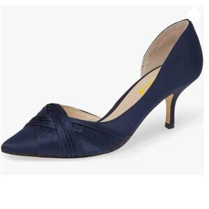 FSJ Navy Kitten Heels Pointed Toe Pumps D'Orsay Pleated Satin Evening Shoes